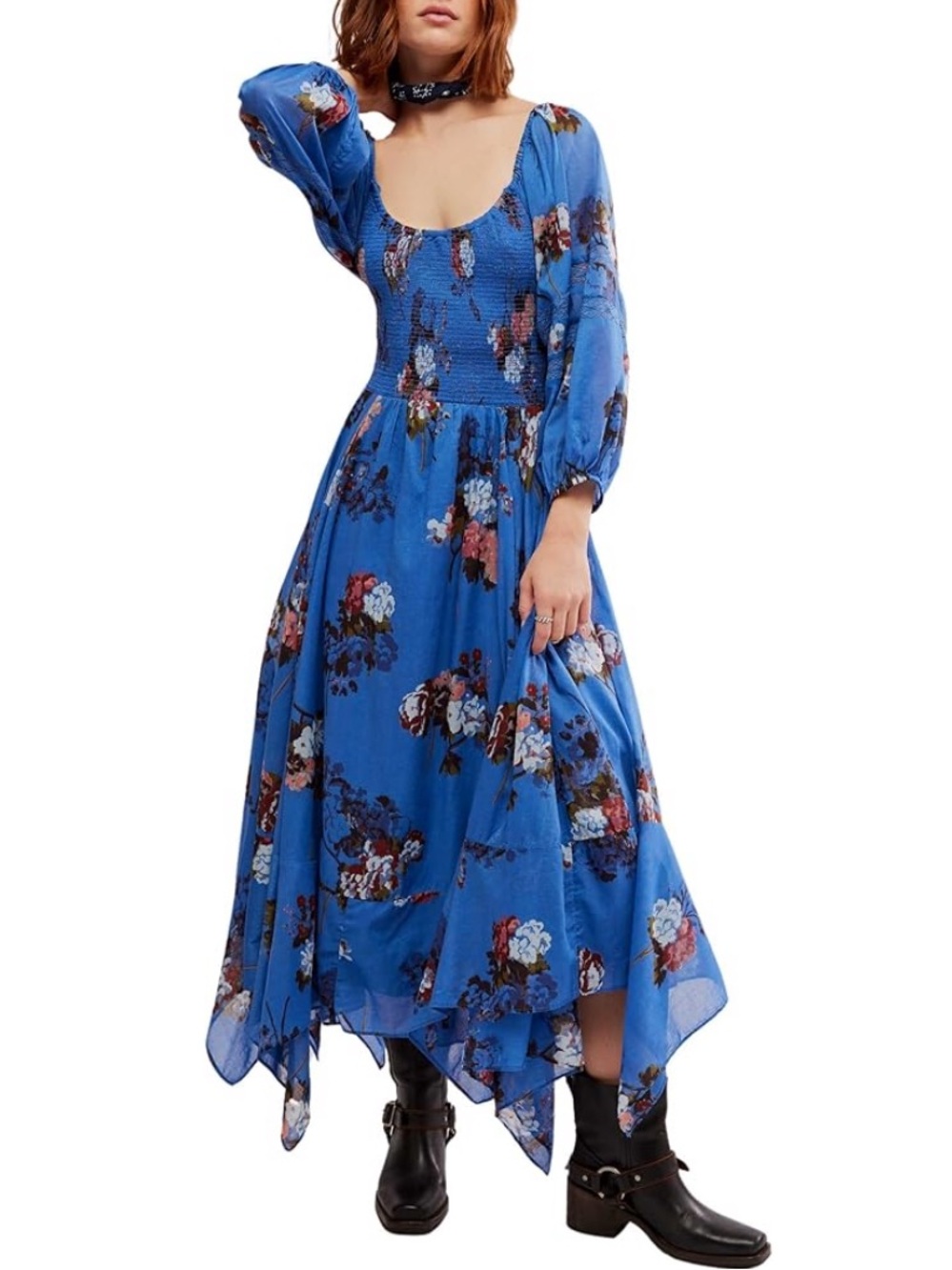 Free People Morning Glory Long Sleeve Blue Floral Maxi Dress, NEW